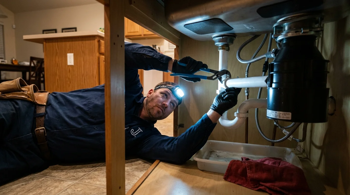 P-trap and supply line connections under a kitchen sink showing a common leak point in Lincoln, MO